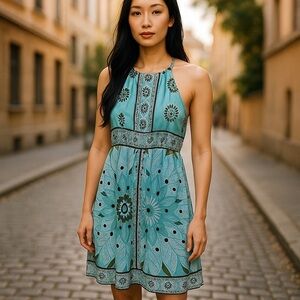 Maggy London Times Halter A Line Dress Spring Summer Aquamarine Floral Sz 14